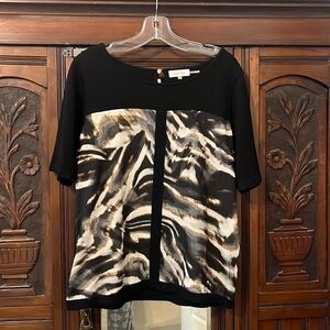 Calvin Klein Exquisite Black Blouse with Gold /White/Silver/ Black Design.